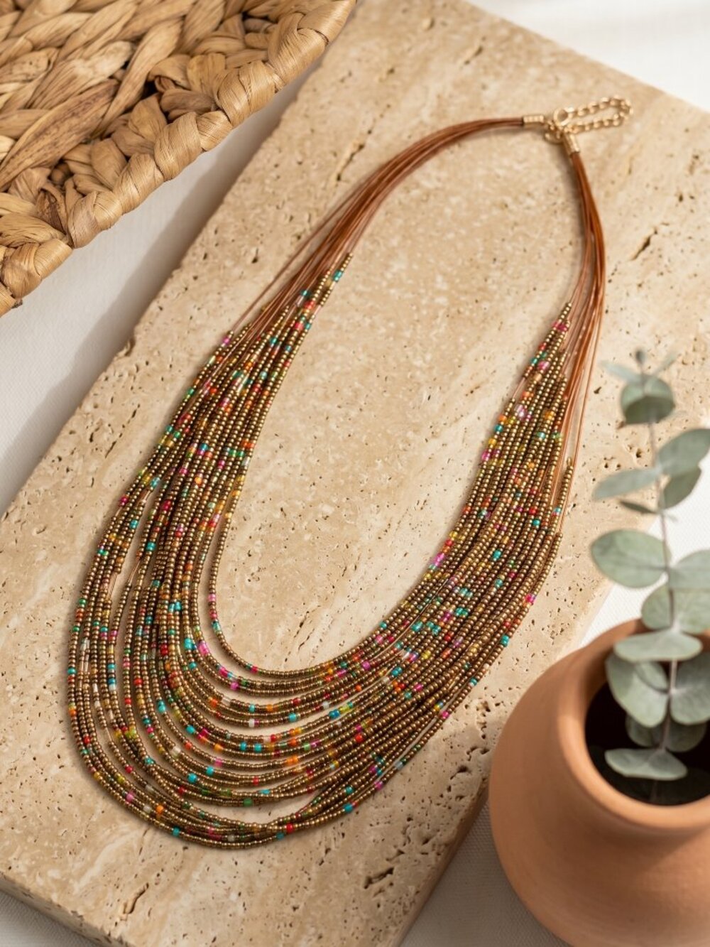 Seed Bead Multi Strand Statement Necklace Boho Western Multicolor Gold 18" - Picture 6 of 15
